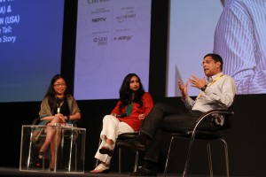 (From L to R) Zhang Mei, Shoma Chaudhury and  Arvind Subramanian. Photo: Ishan Tankha